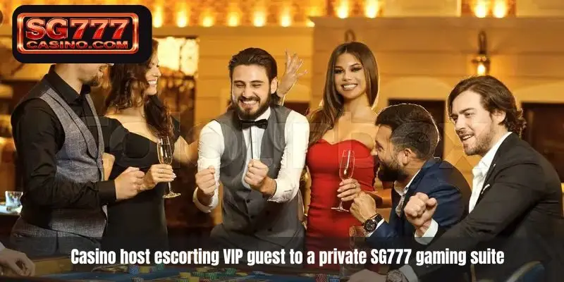 Casino host escorting VIP guest to a private SG777 gaming suite